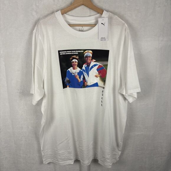 Puma Running Motivation Funny T-shirt White Retro Mens Size 2XL NWT - Picture 1 of 6